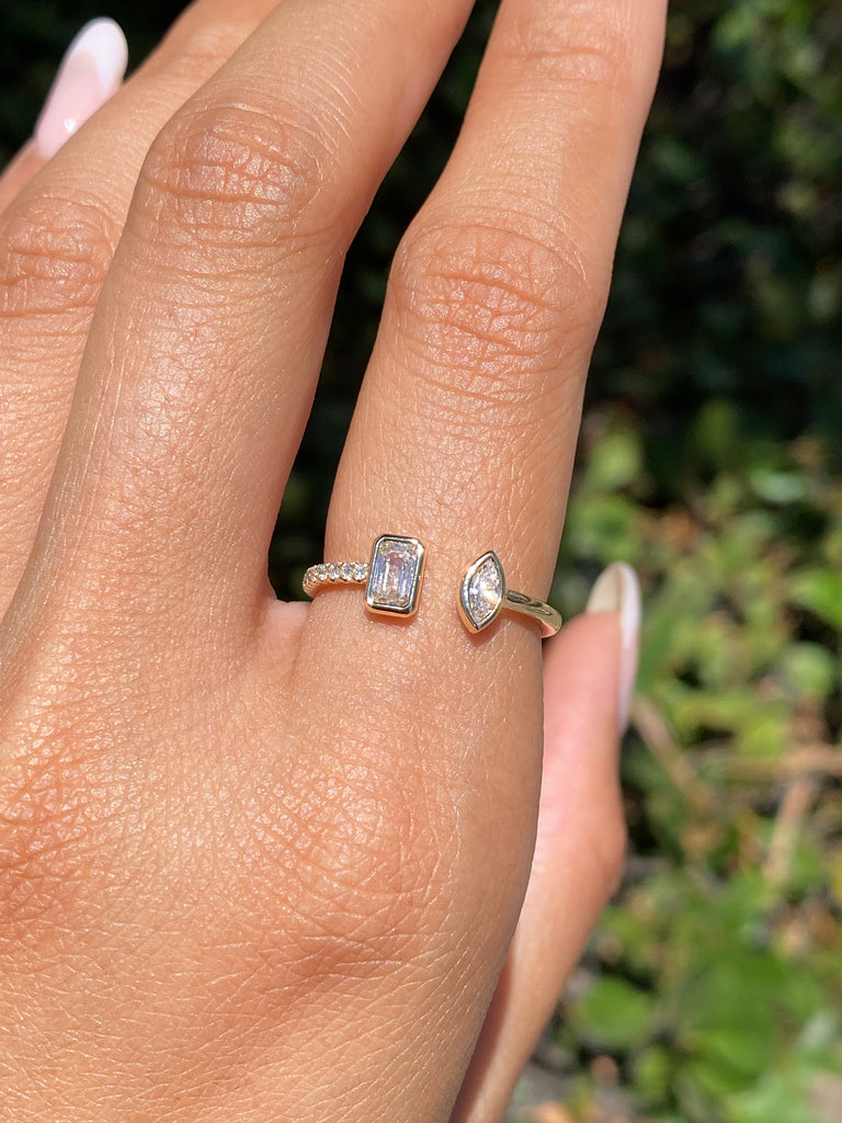 14K Gold Open Marquise and Emerald Bezel Diamond Band