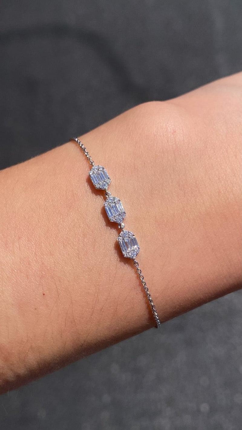 14K Gold Three Hexagon Shape Baguette Round Diamond Cluster Bracelet