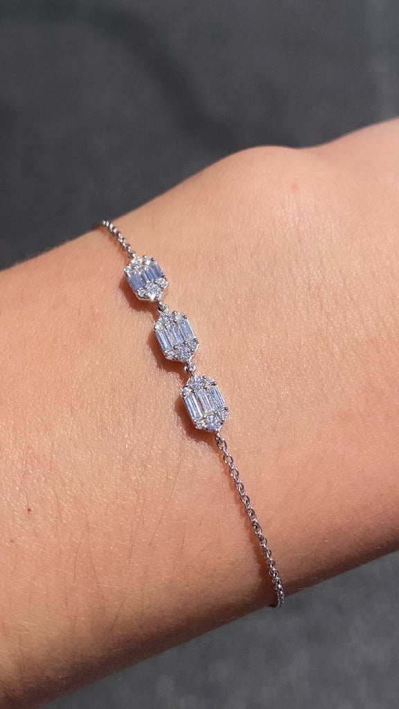 14K Gold Three Hexagon Shape Baguette Round Diamond Cluster Bracelet