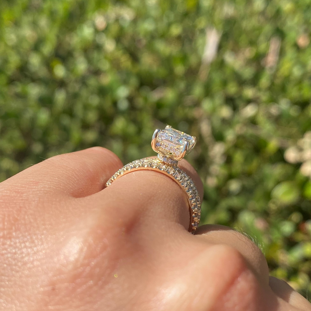 14K Gold 2.50 Carat Lab Grown Radiant Diamond Under Halo Bowtie Engagement Set