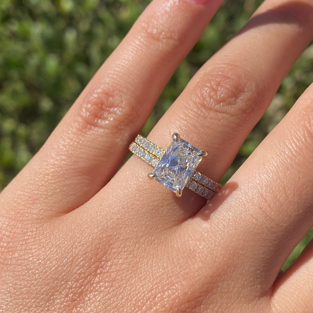 14K Gold 2.50 Carat Lab Grown Radiant Diamond Under Halo Bowtie Engagement Set