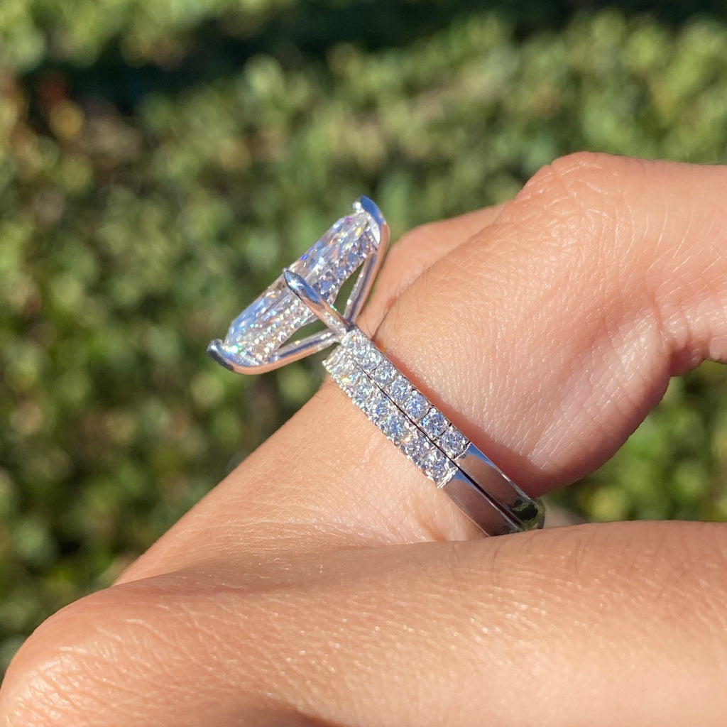 14K Gold 3.00 Carat Lab Grown Marquise Diamond Under Halo Engagement Wedding Set
