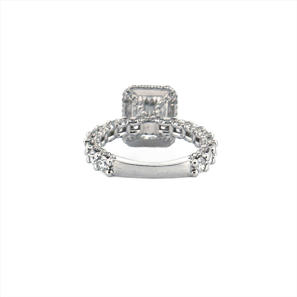 14K Gold Radiant Cut Moissanite Diamond U Prong Engagement Ring with Diamond Prongs and Under Halo