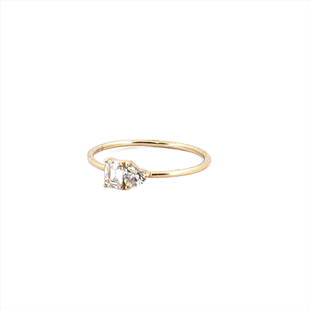 14K Gold Toi Et Moi Heart and Baguette Diamond Ring
