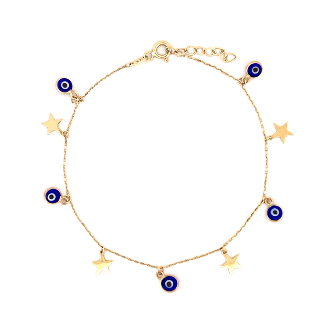 14K Gold Evil Eye and Star Bracelet
