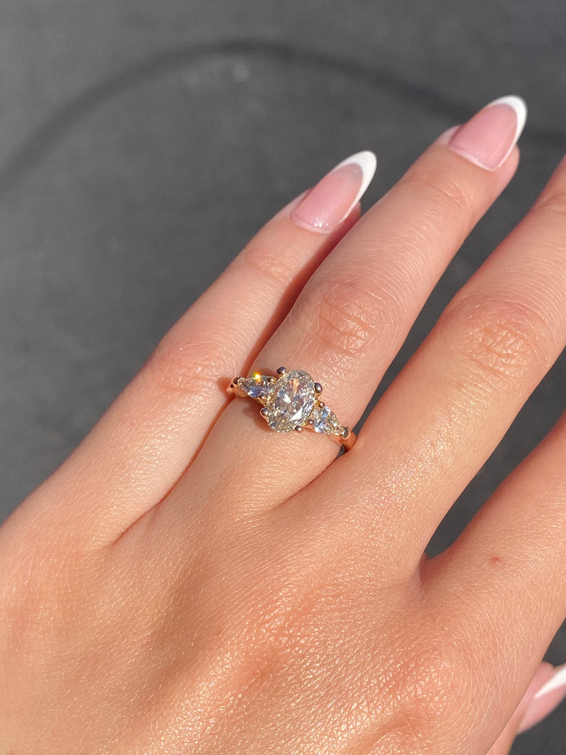 14K Gold Three Stone Lab Grown Oval Diamond Engagement Ring