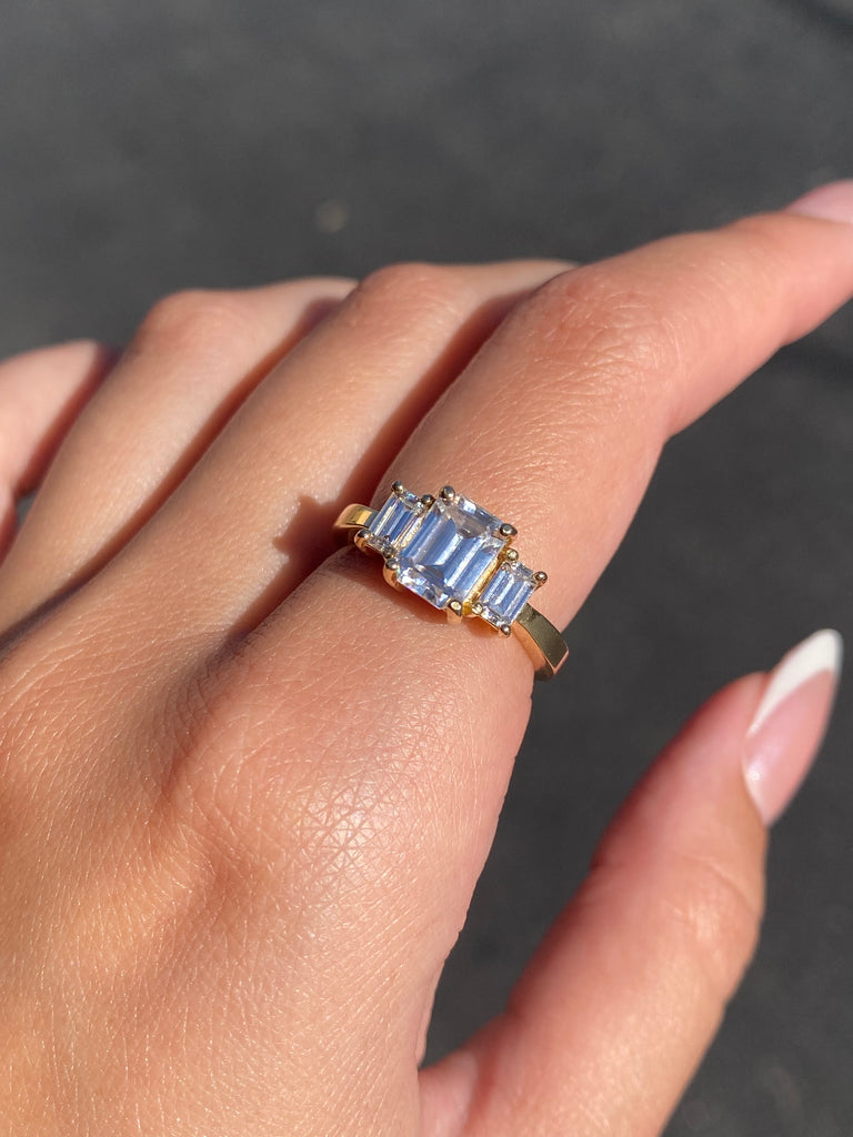 14K Gold Three Stone 2.50 Carat Emerald Moissanite Engagement Ring