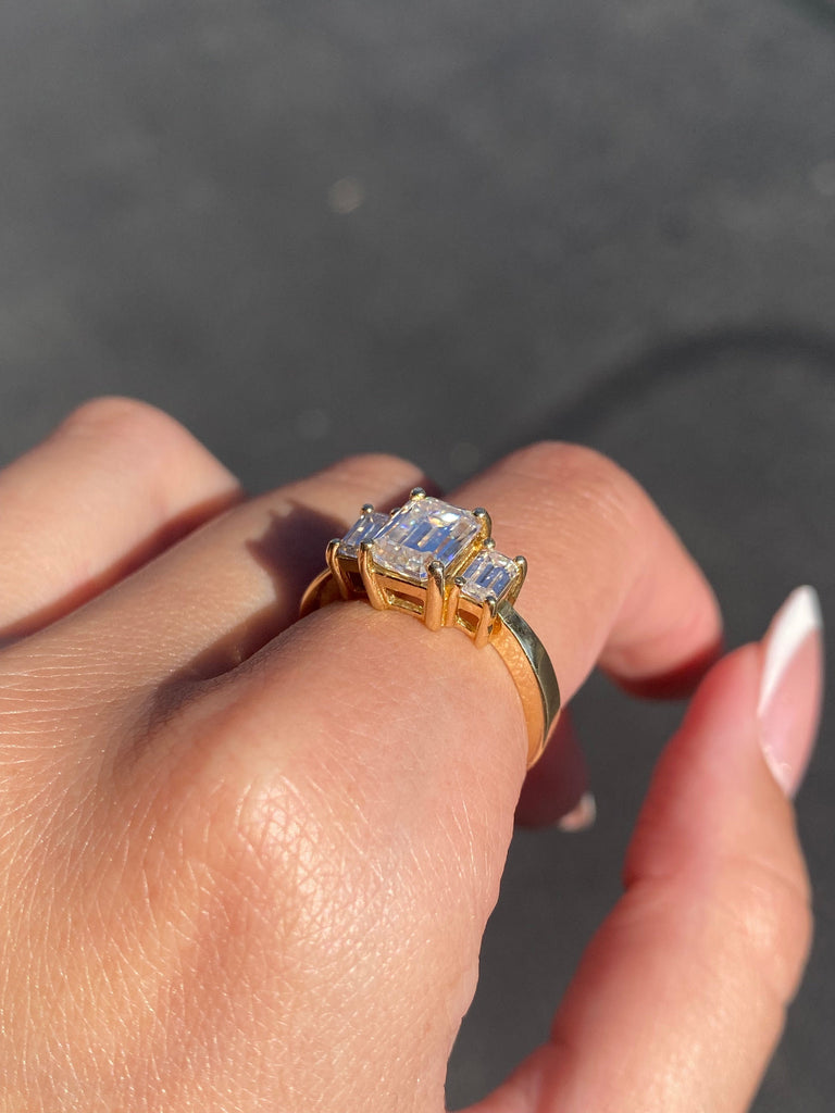 14K Gold Three Stone 2.50 Carat Emerald Moissanite Engagement Ring