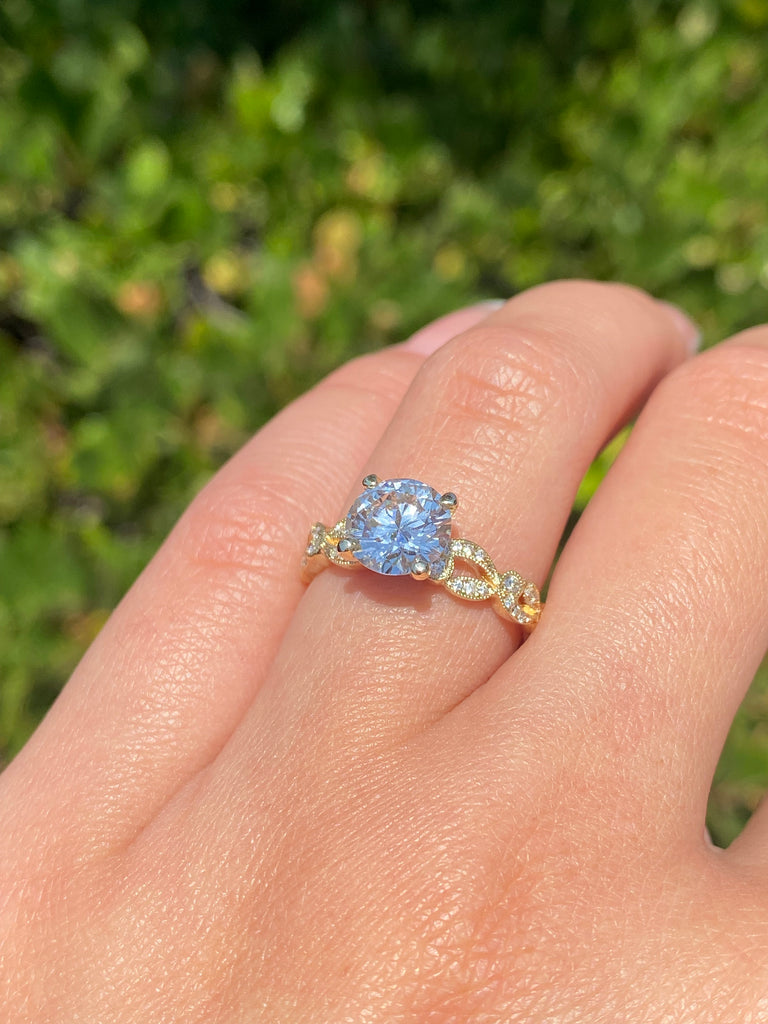 14K Gold 1.60 Carat Lab Grown Round Art Deco Leaf Engagement Ring