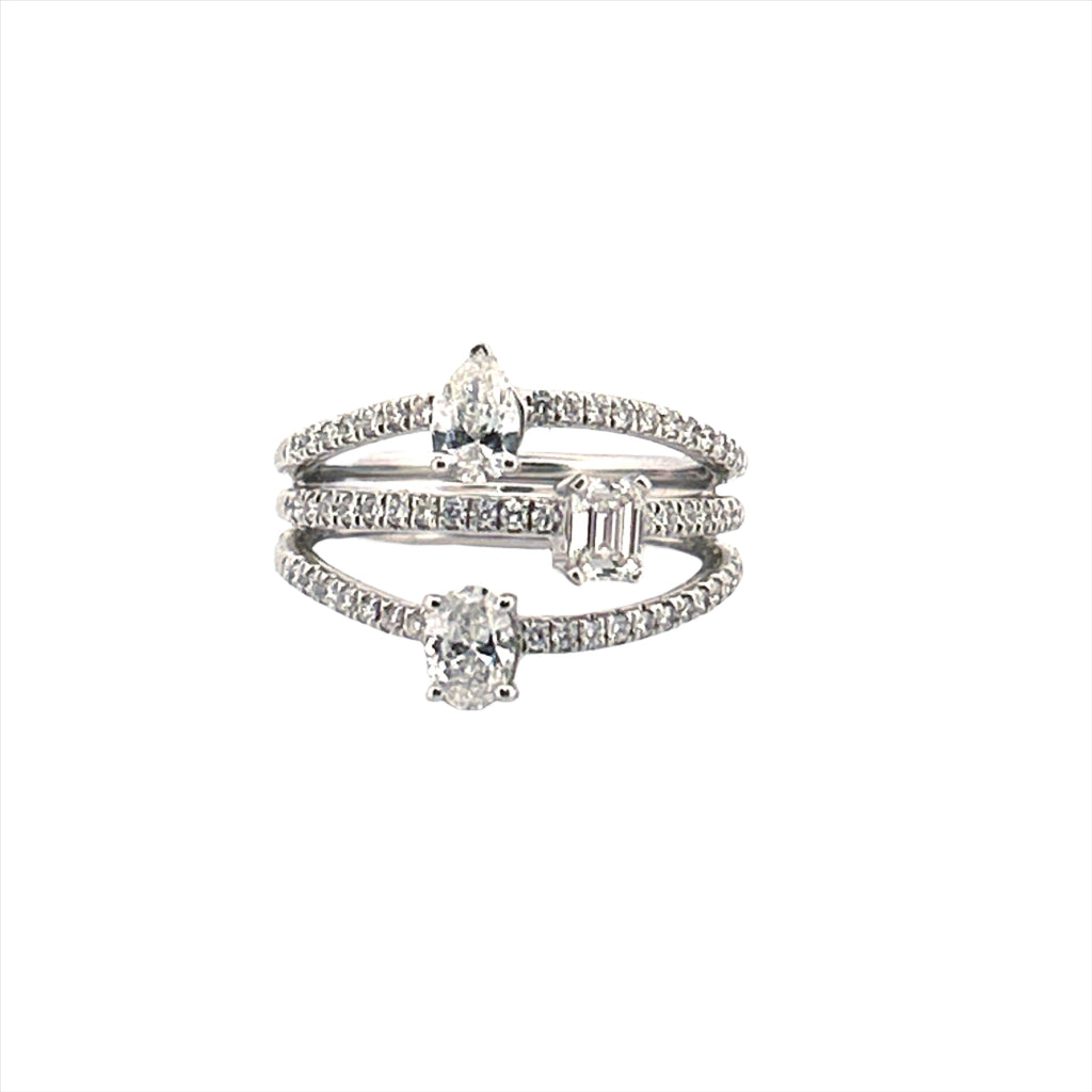 14K Gold Three Row Multi Shape Diamond Band
