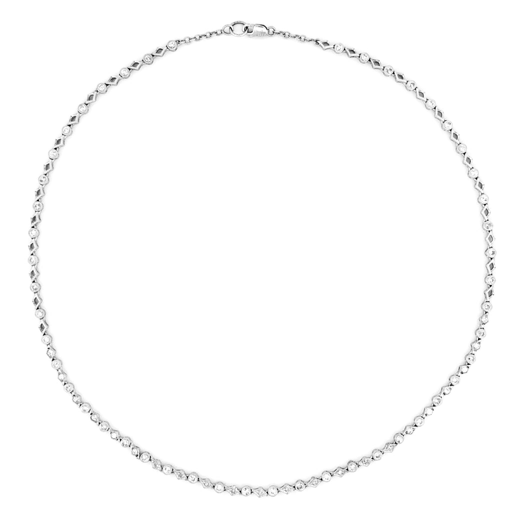14K Gold Art Deco Round and Rhombus Diamond Tennis Necklace