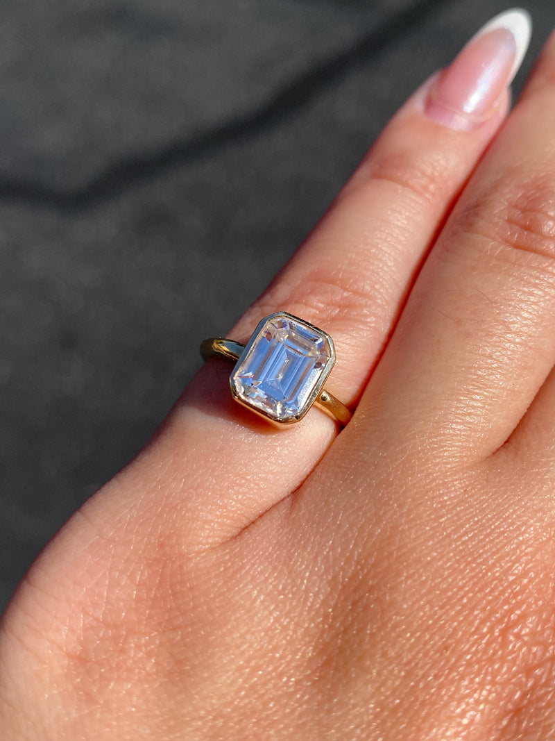 14K Gold 3.00 Carat Emerald Cut Lab Grown Diamond Bezel Solitaire Engagement Ring