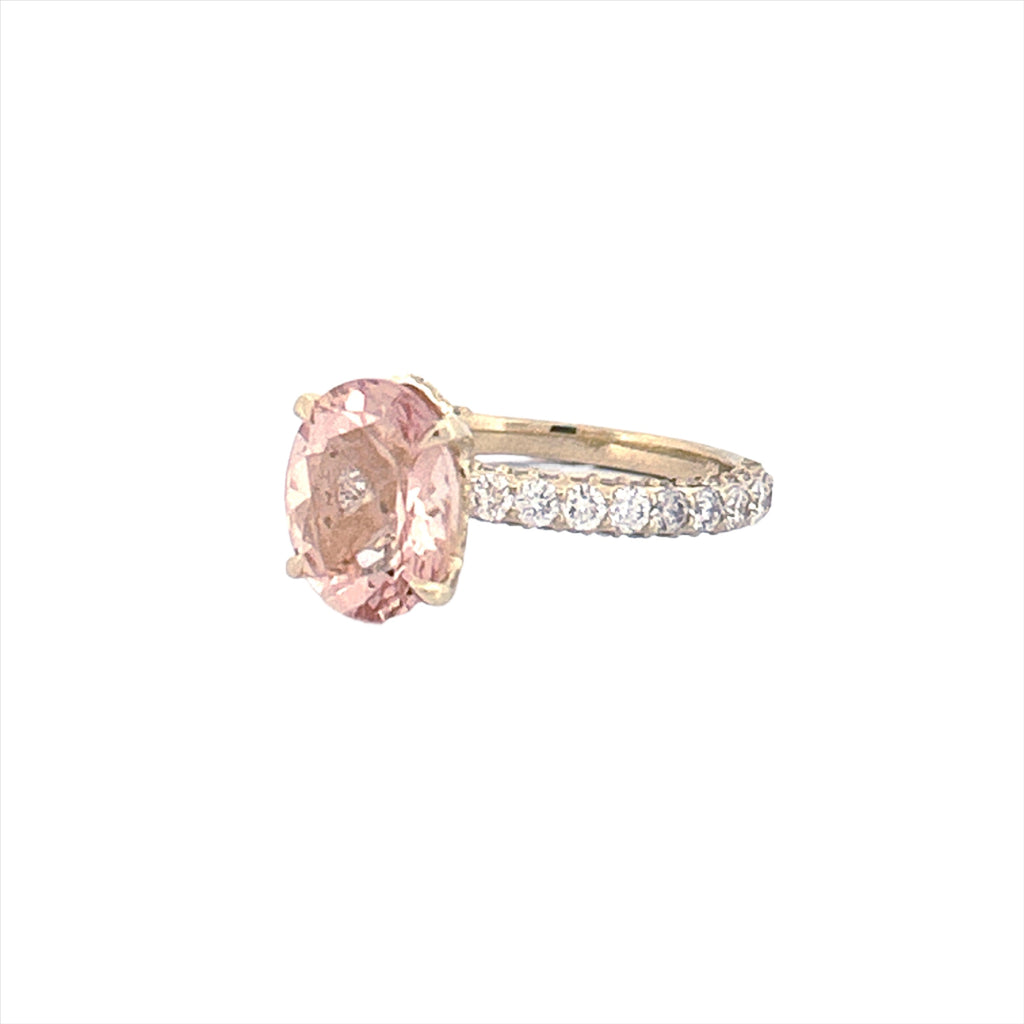 14K Gold Diamond Under Halo with 2.50 Carat Oval Morganite Engagement Ring