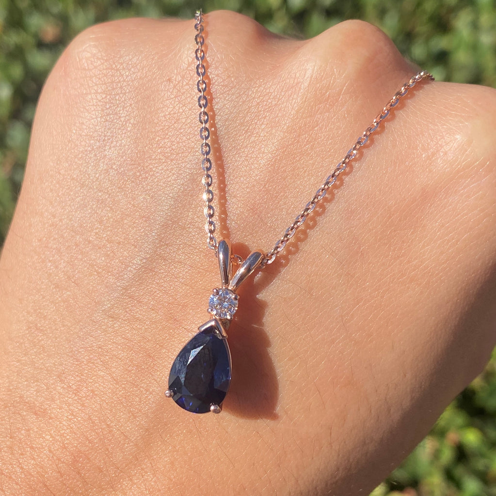 14K Gold Lab Grown 3.00 Carat Pear Sapphire Diamond Bail Pendant Necklace