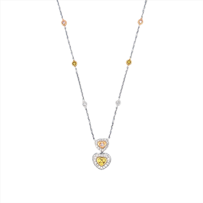 14K Tri Color Gold Duo Heart White and Yellow Diamond Pendant Necklace