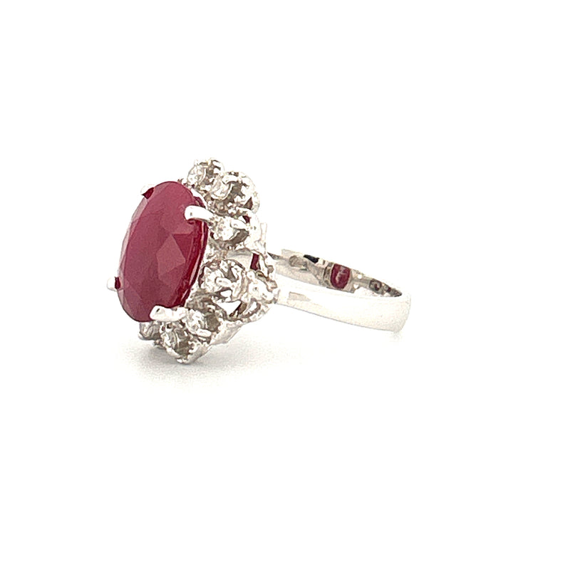 14K Gold Oval Ruby with Floral Halo Diamond Ring