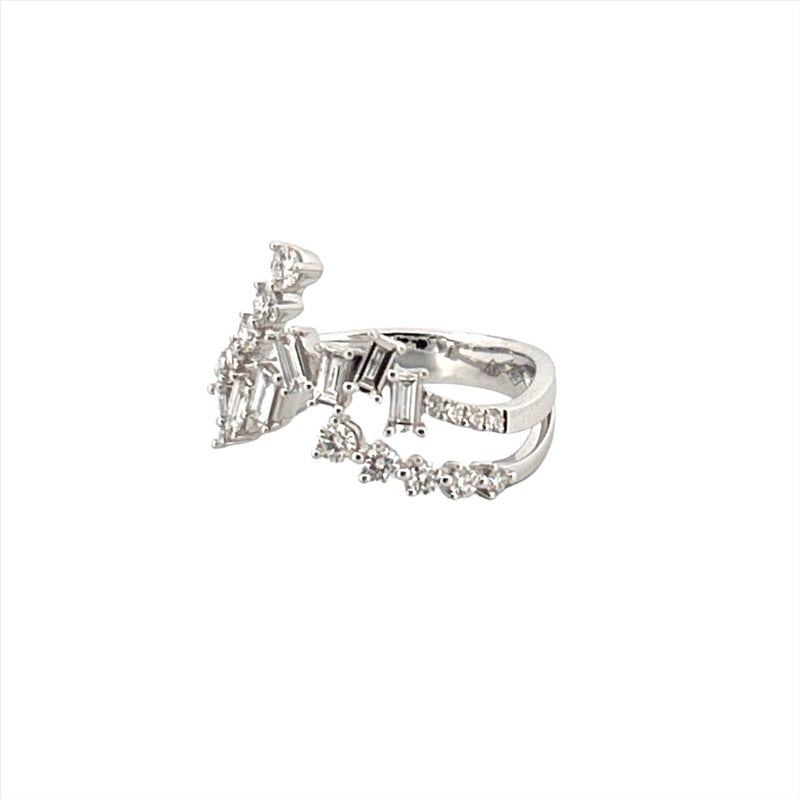 14K Gold Staggered Baguette and Round Diamond Two Row Crown Ring