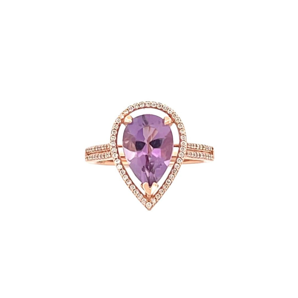 14K Gold 3.00 Carat Pear Amethyst Halo Two Row Diamond Cathedral Engagement Ring