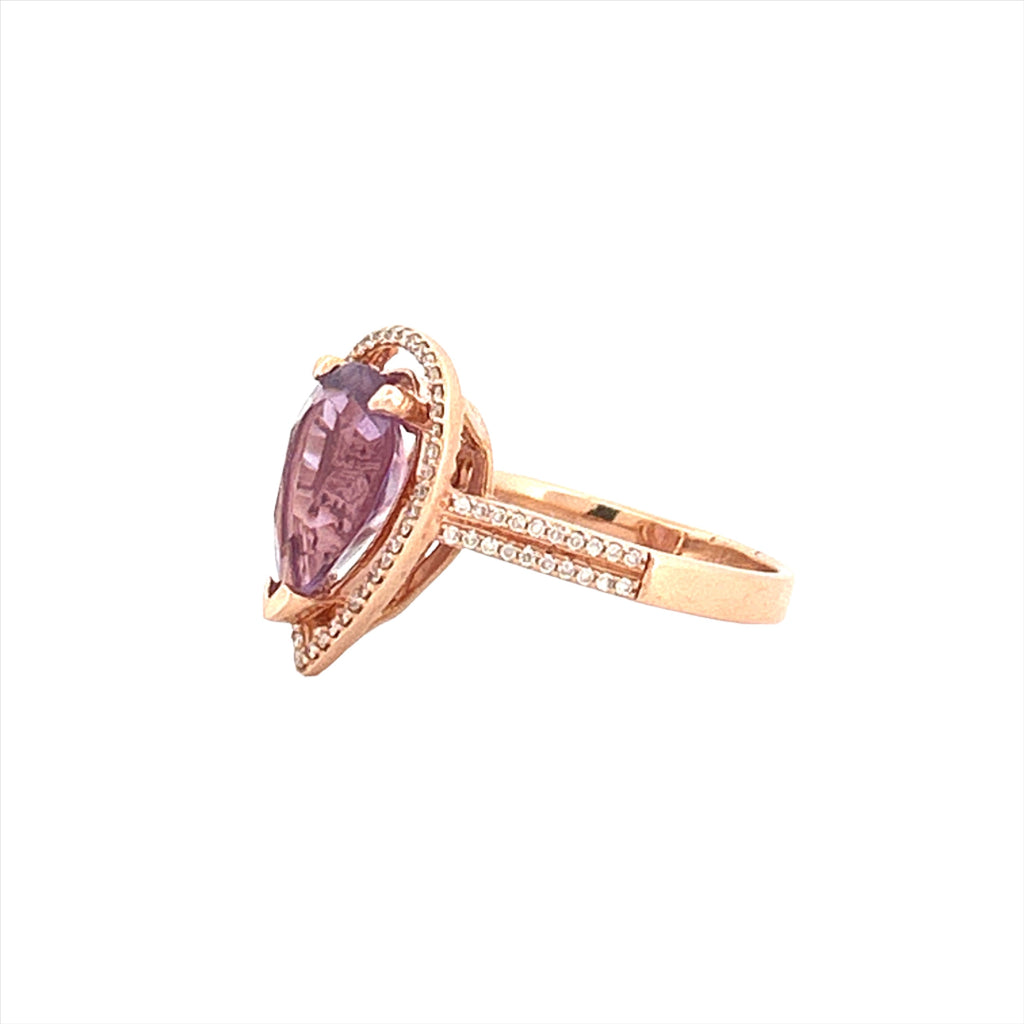 14K Gold 3.00 Carat Pear Amethyst Halo Two Row Diamond Cathedral Engagement Ring
