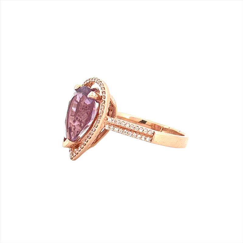 14K Gold 3.00 Carat Pear Amethyst Halo Two Row Diamond Cathedral Engagement Ring