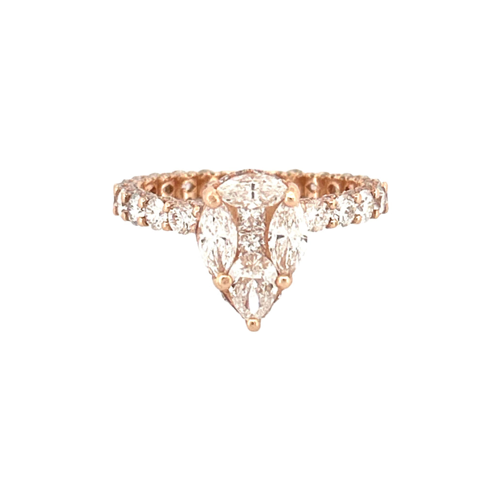 14K Gold Pear Shape Cluster Natural Diamond U Prong and Diamond Prong Engagement Ring w/ Under Halo