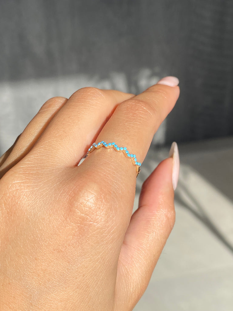 14K Gold Zig Zag Turquoise Band