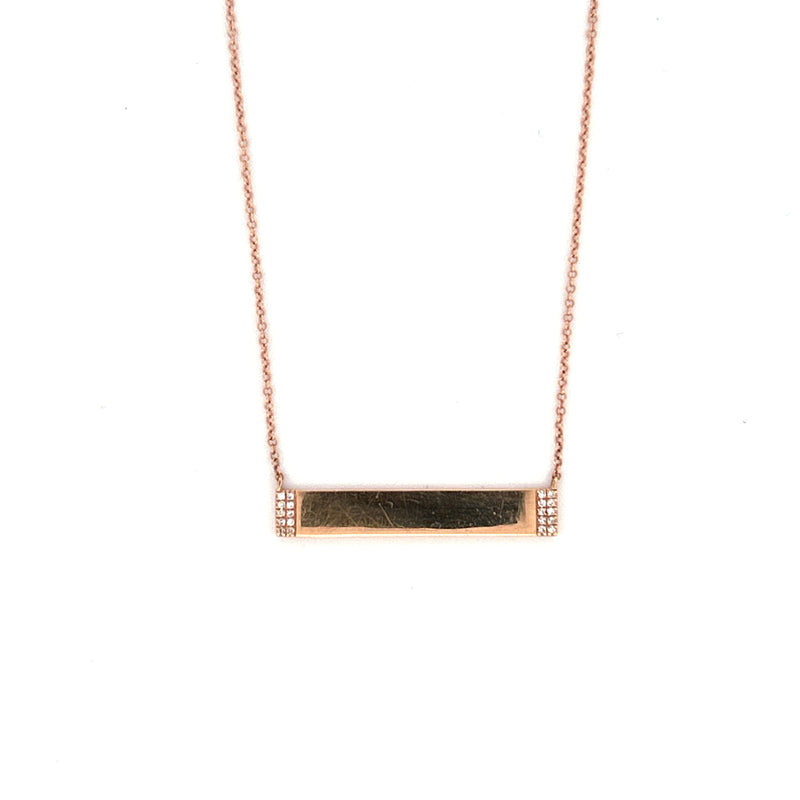 14K Gold Personalized Bar Diamond Pave Edged Pendant Necklace