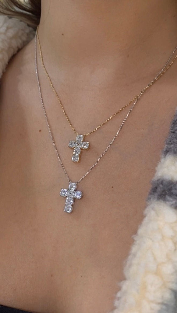 14K Gold Lab Grown Asscher Cut Diamond Cross Pendant