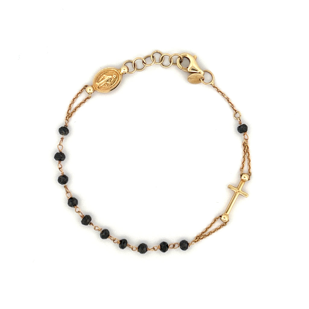 14K Gold Black Spinel Rosary and Cross Bracelet