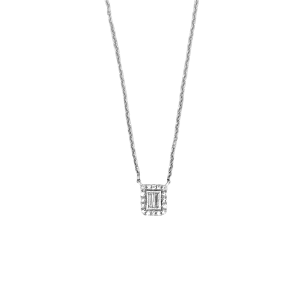 14K Gold Two Baguette Cluster Halo Diamond Necklace