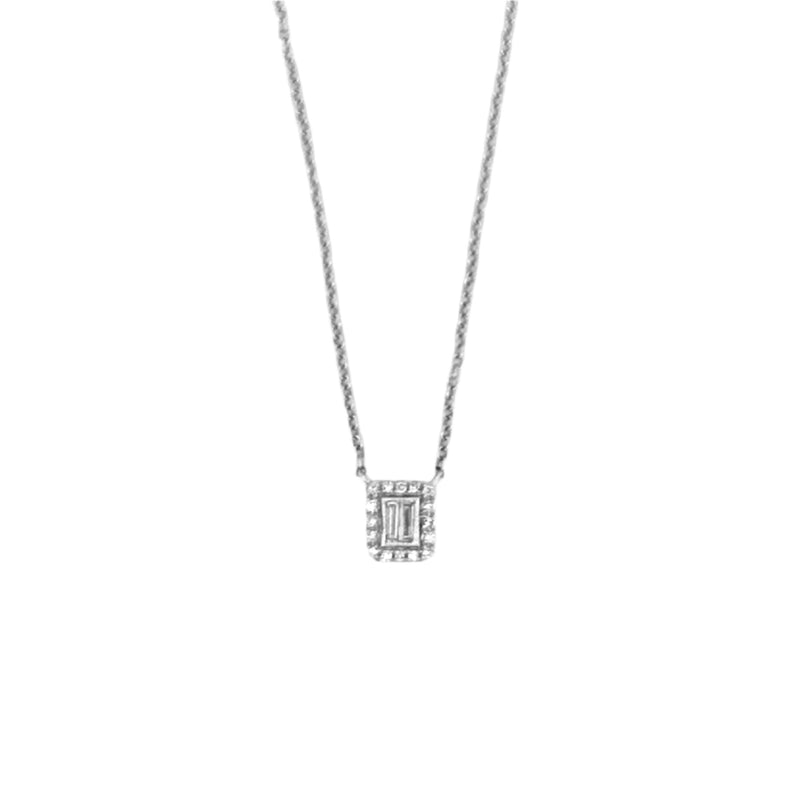 14K Gold Two Baguette Cluster Halo Diamond Necklace