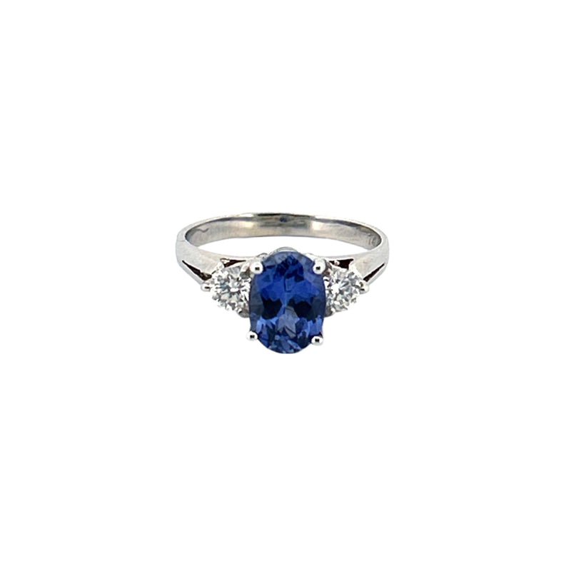 14K Gold Three Stone Oval Tanzanite and Diamond Band