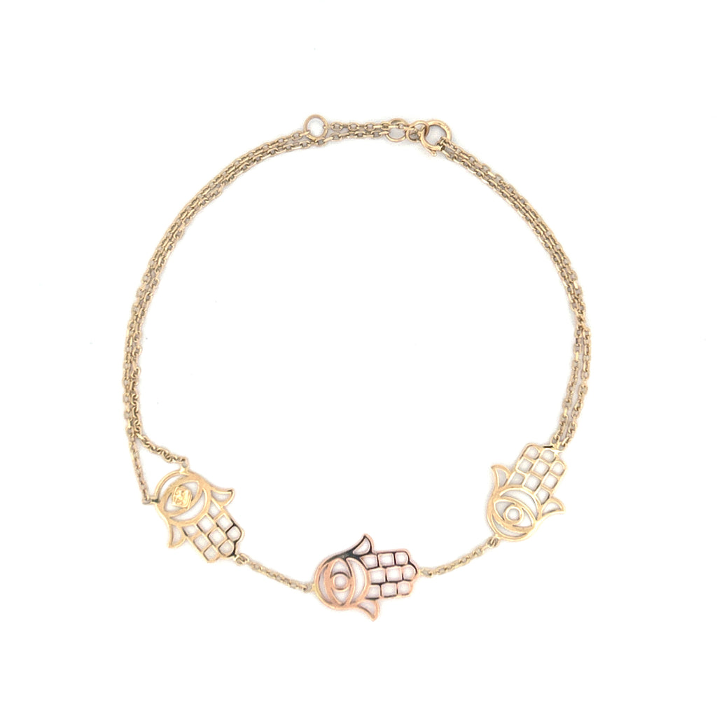 14K Gold Tri Hamsa Double Chain Bracelet