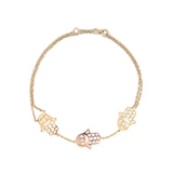 14K Gold Tri Hamsa Double Chain Bracelet
