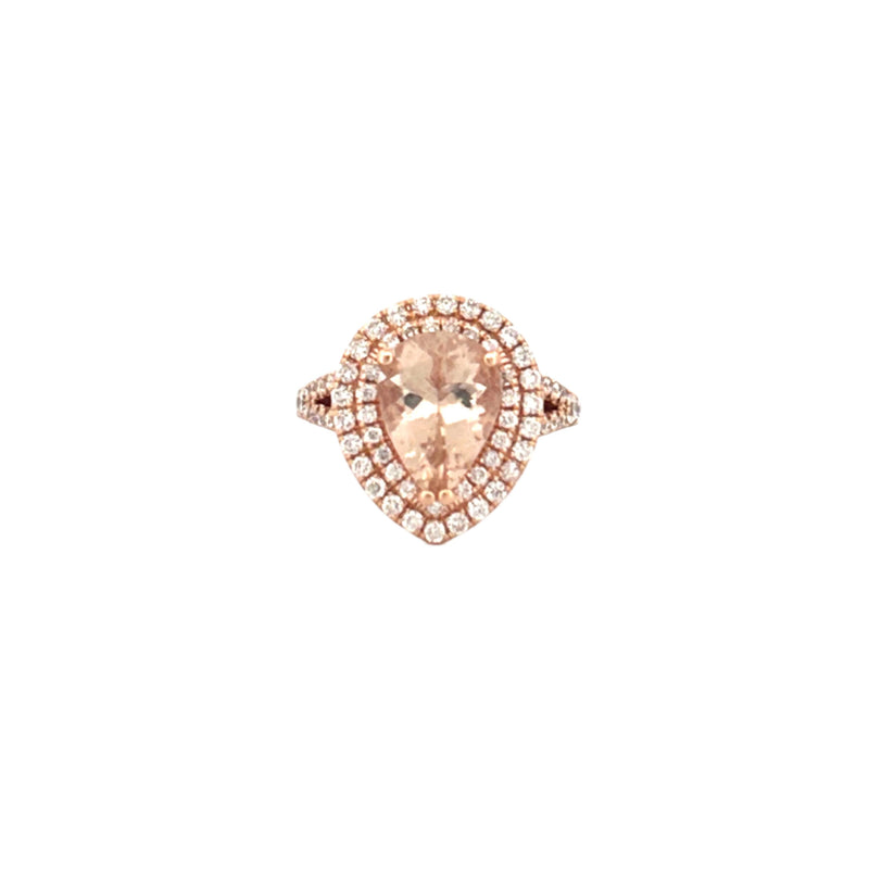 14K Gold Pear Cut Morganite Double Halo Split Shank Cathedral Engagement Ring