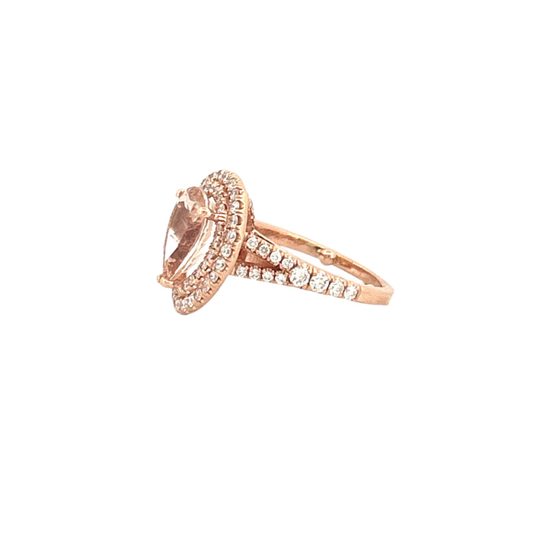 14K Gold Pear Cut Morganite Double Halo Split Shank Cathedral Engagement Ring
