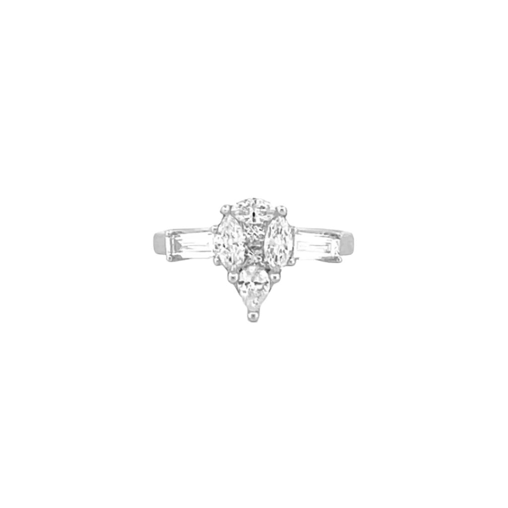 14K Gold Three Stone Cluster Pear Shape and Baguette Diamond Engagement Ring