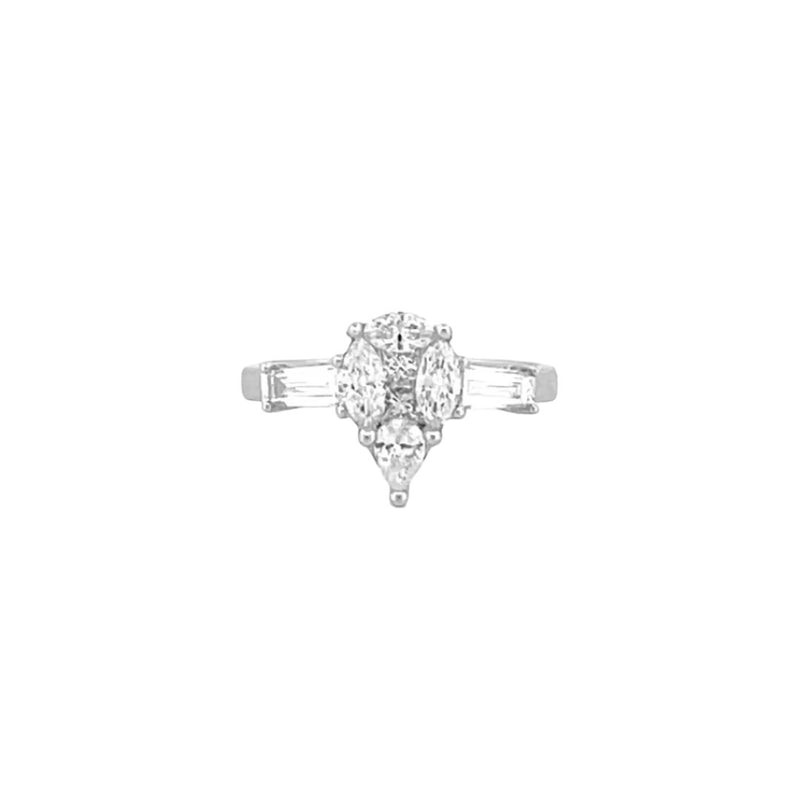 14K Gold Three Stone Cluster Pear Shape and Baguette Diamond Engagement Ring