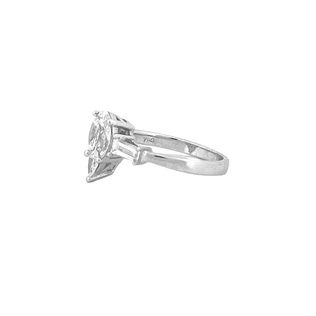 14K Gold Three Stone Cluster Pear Shape and Baguette Diamond Engagement Ring