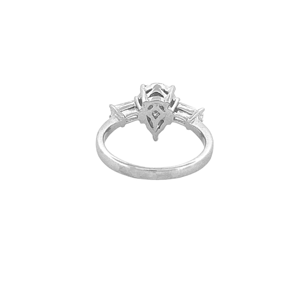 14K Gold Three Stone Cluster Pear Shape and Baguette Diamond Engagement Ring