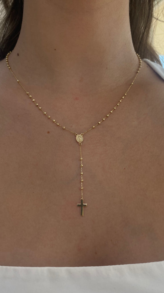 14K Gold Rosary and Diamond Cut Beads Charm Necklace