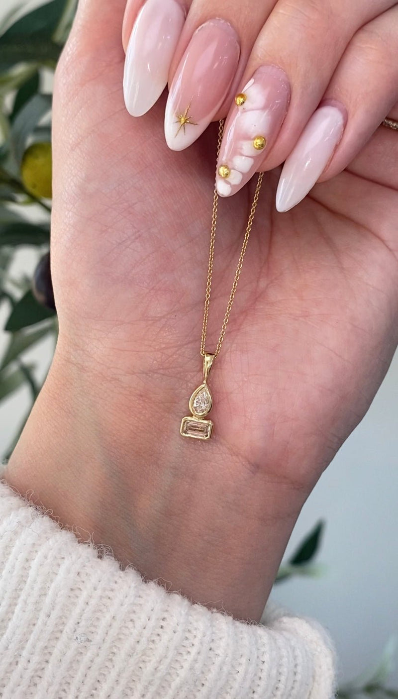 14K Gold Stacked Pear and Emerald Diamond Bezel Pendant Necklace