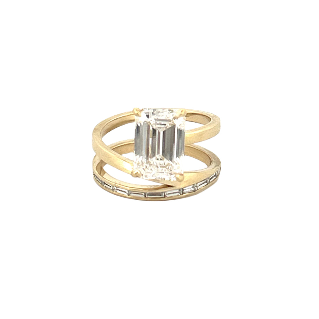 14K Gold 3.00 Carat Lab Grown Emerald Diamond Wrapped Baguette Engagement Ring