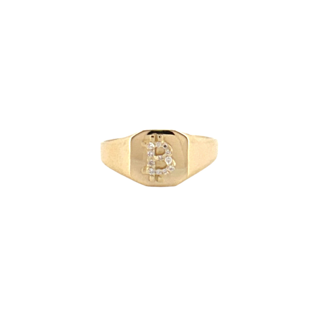 14K Gold Diamond Bitcoin Signet Band