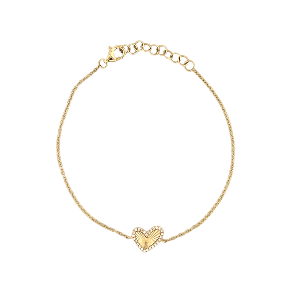 14K Gold Fluted Heart Diamond Charm Bracelet