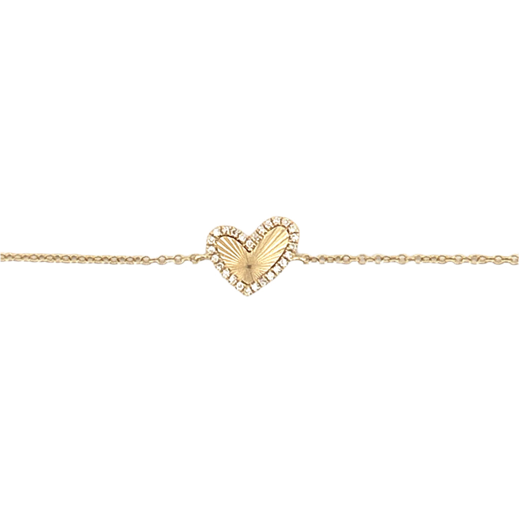 14K Gold Fluted Heart Diamond Charm Bracelet