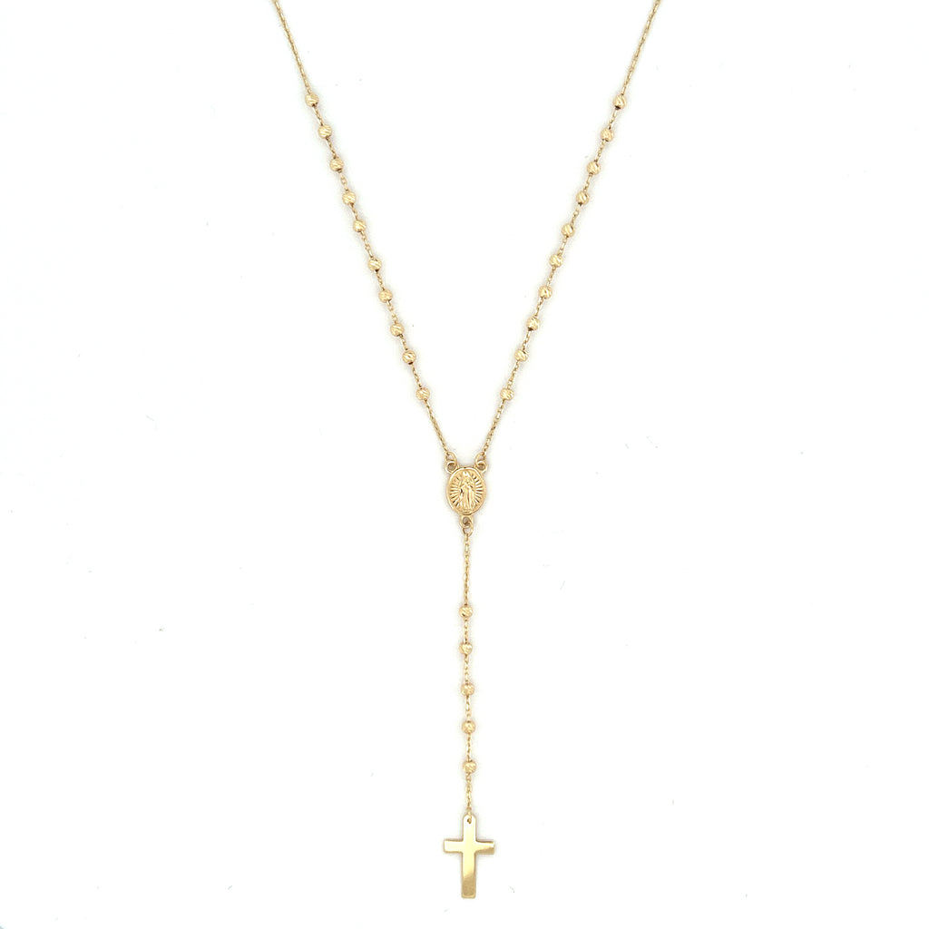 14K Gold Rosary and Diamond Cut Beads Charm Necklace