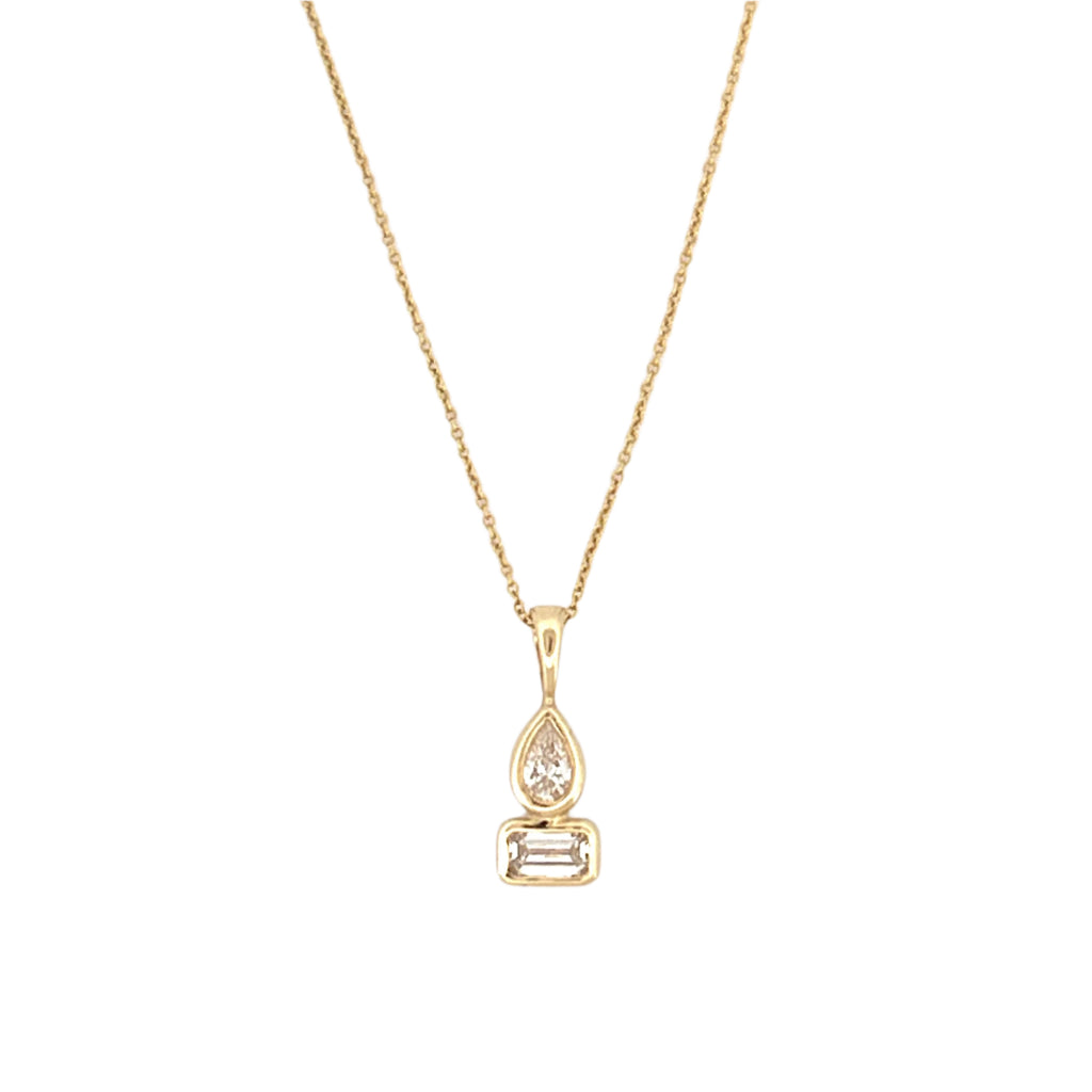 14K Gold Stacked Pear and Emerald Diamond Bezel Pendant Necklace