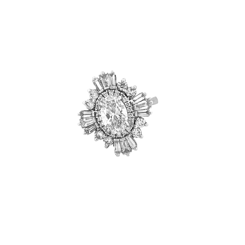 14K Gold Lab Grown 1.00 Carat Oval Cut Round Brilliant and Baguette Diamond Halo Solitaire Engagement Ring