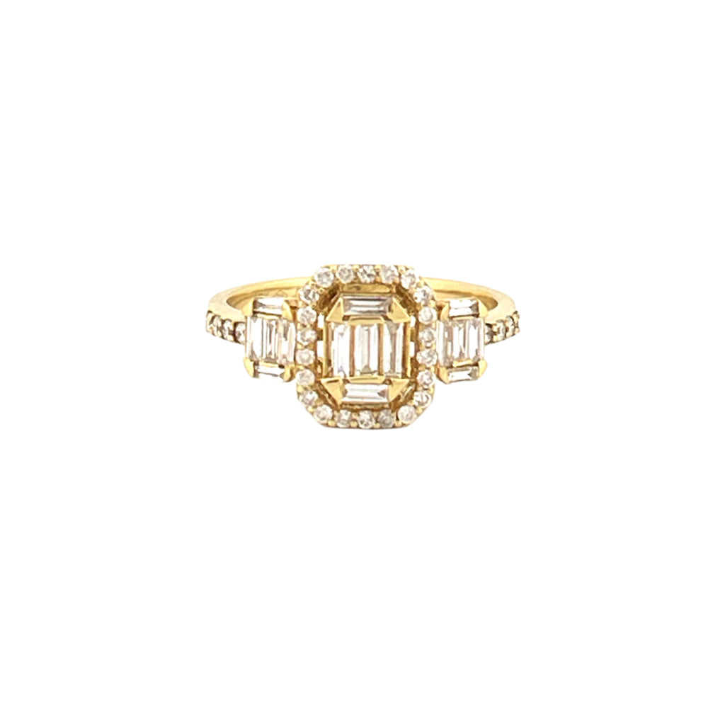 14K Gold Baguette Cluster Diamond Three Stone Halo Engagement Ring
